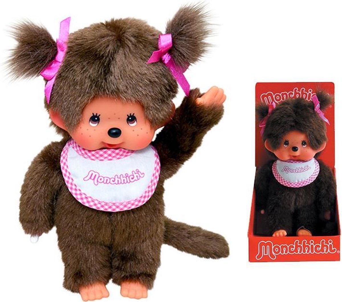 Bandai - monchhichi - roze en witte slabbetje meisje knuffel - iconische jaren 80 aap knuffel - zacht pluche 20 cm voor kinderen en volwassenen - kinderspeelgoed 2 jaar en + - 25555
