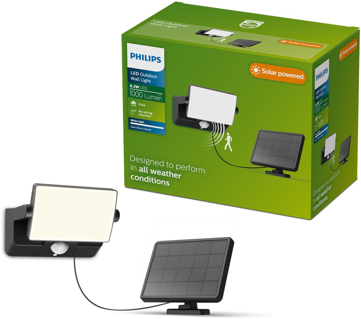 Philips led philips fyns solar wandlamp - zonne-energie - helder wit licht: 3000k - zwart - twee lichtstanden - schemersensor - bewegingssensor - ip44: weerbestendig - solar buitenverlichting - beveiligingslamp