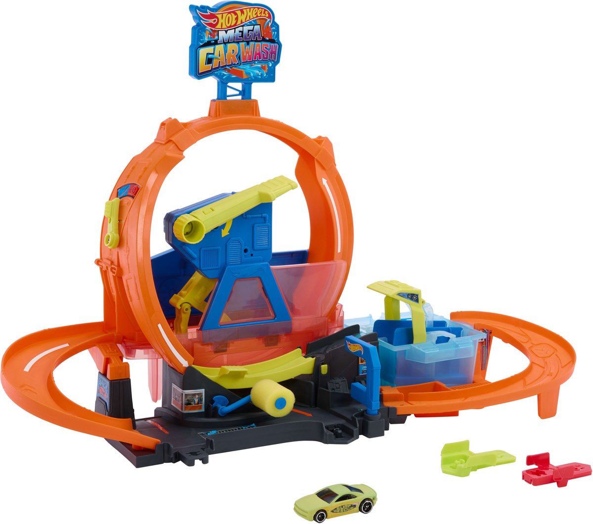 Hot wheels city mega autowasserette met looping - met 1 color shifters auto met kleurverandering