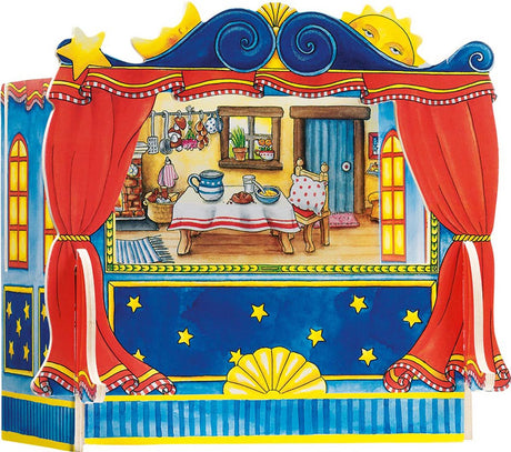 Goki poppentheater - vingerpoppen - met 5 verwisselbare decors - 28x20x25cm - hout