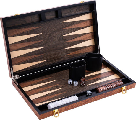 Longfield backgammon 18 inch - elzenhout ingelegd bord - luxe houten koffer - natuurlijke afwerking - engelhart