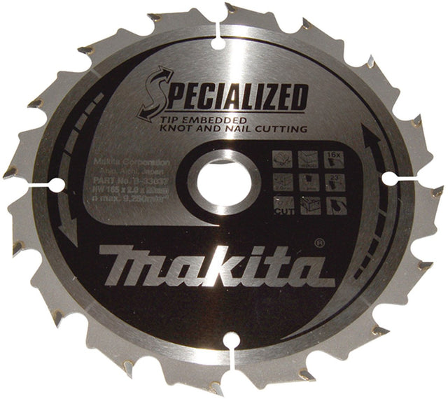Makita 165 x 20 mm 16-tands cirkelzaagblad hout (noest spijker) | embedded tip - b-33037