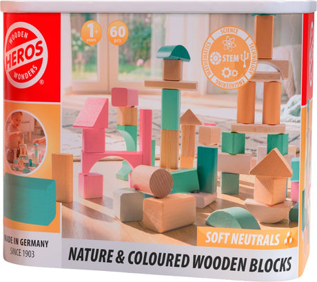 Heros houten blokken in zachte kleuren – blokken – 60 bouwblokken – grote set – fsc hout – gemaakt in duitsland – creatief bouwen – vanaf 1 jaar