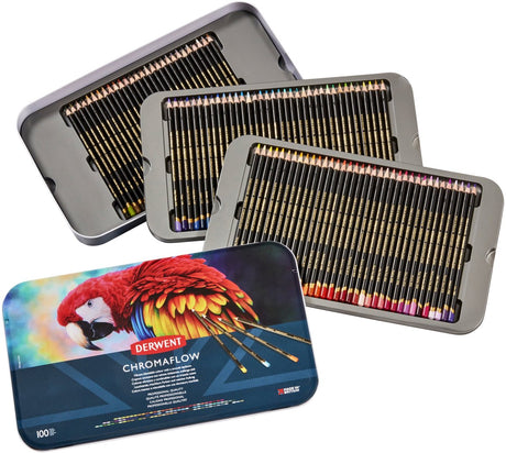 Derwent chromaflow kleurpotloden in blik - set van 100 potloden met zachte kern - assorti