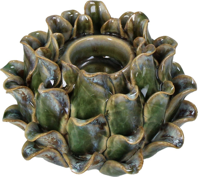 Hd collection kaarsenhouder stoneware groen 14,5x14,5x10,5cm