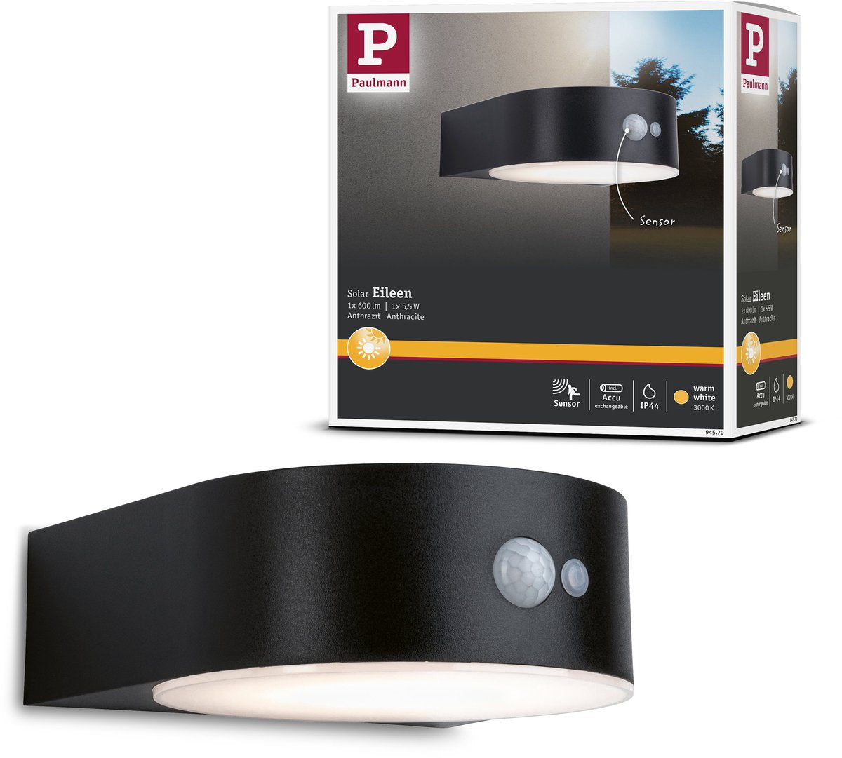 Paulmann solar led-wandarmatuur voor buiten eileen bewegingsmelder ip44 3000k 400lm zwart