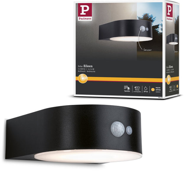 Paulmann solar led-wandarmatuur voor buiten eileen bewegingsmelder ip44 3000k 400lm zwart