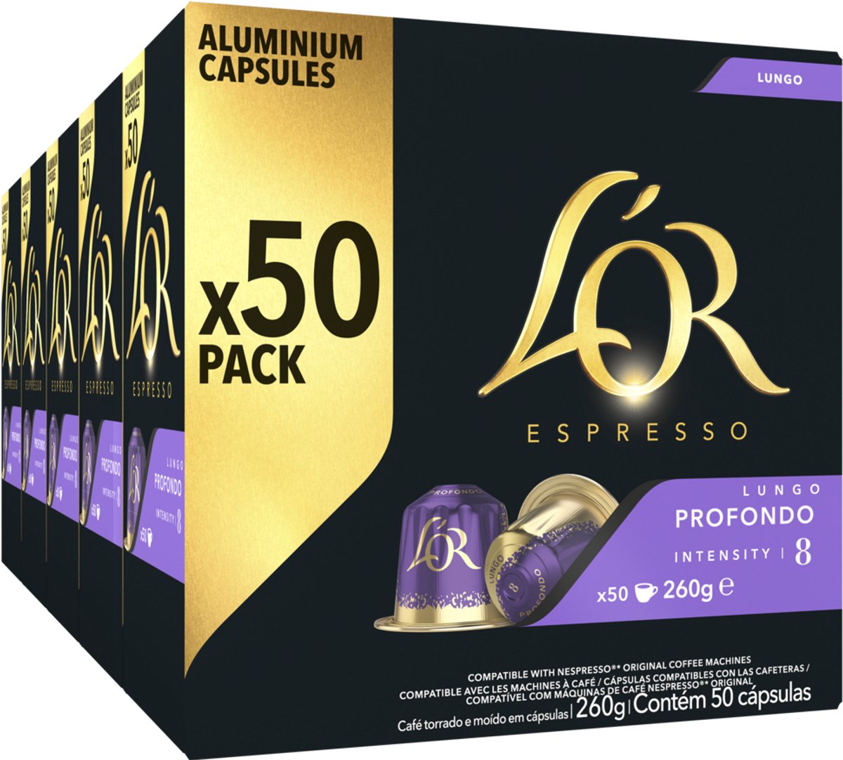 L'or lungo profondo koffiecups - intensiteit 8 12 - 5 x 50 capsules