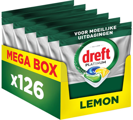 Dreft platinum vaatwastabletten - citroen - krachtig zelfs bij moeilijke uitdagingen - reinigt vette filters - 6 x 21 vaatwascapsules