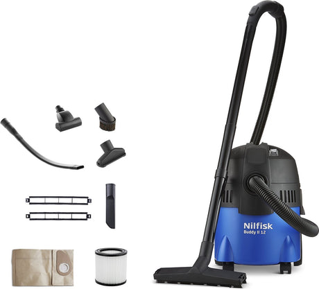 Nilfisk buddy 12 car clean edition – krachtige nat- en droogstofzuiger met 1200w motor, 12l, 250w blaasfunctie accessoires voor perfect auto-onderhoud, cilinderstofzuiger