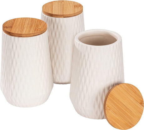 Wenko voorraadpot diamond, moderne set van 3 keramische potten met bamboe deksel en elegante diamantstructuur voor in de keuken of elders in huis, elk met een inhoud van 0,6 liter, wit bruin
