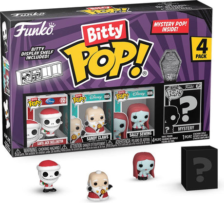 Funko the nightmare before christmas santa jack skellington, sandy claws, sally sewing + mystery figure (bitty pop! 4 pack)