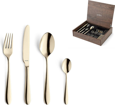 Amefa oxford champagne- 24-delige bestekset – 6 personen- in luxe houten cassette- premium pvd coating-hoogwaardig 18 10 chroomnikkelstaal