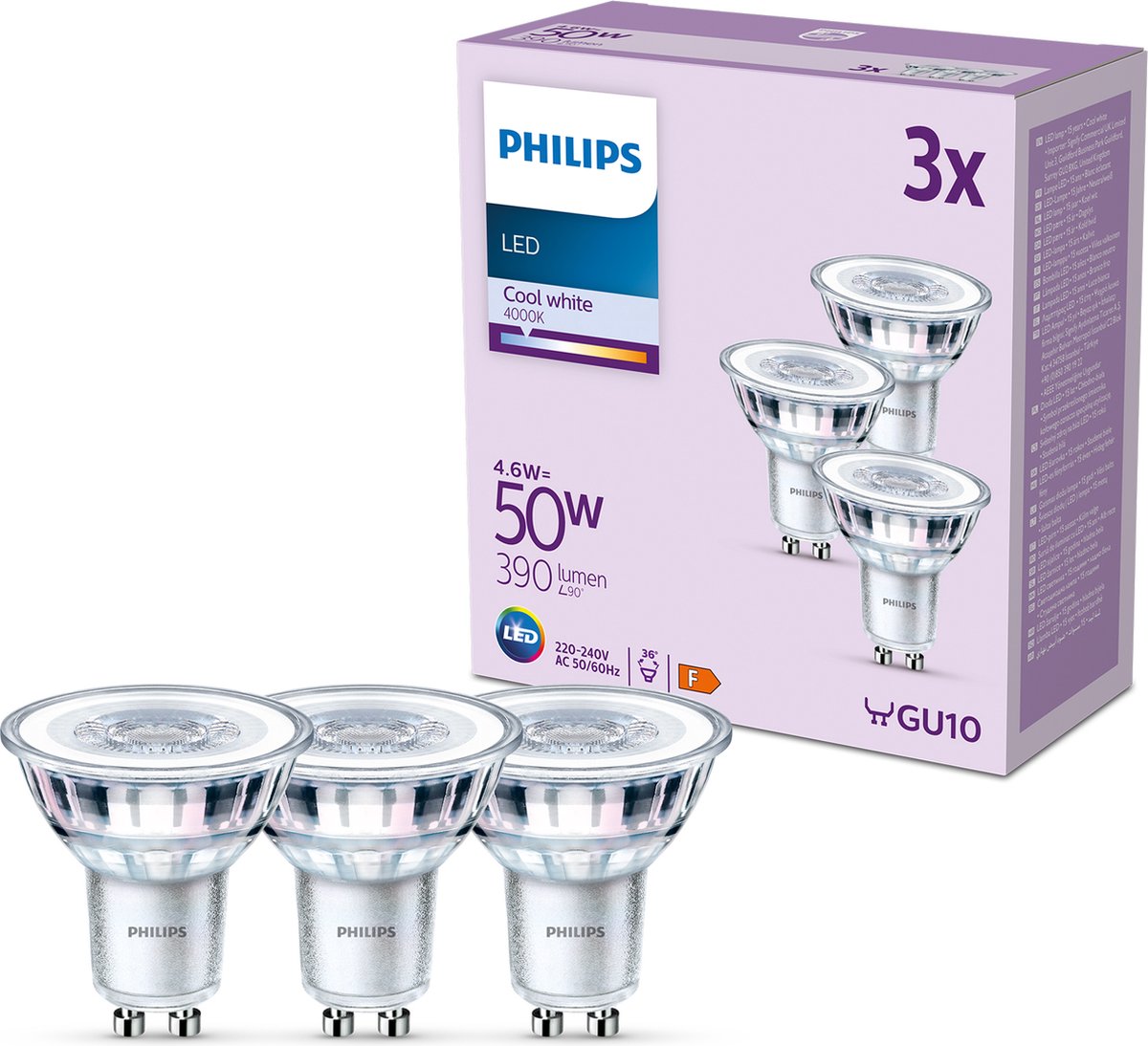 Philips led spot - 50 w - gu10 - koelwit licht - 3 stuks