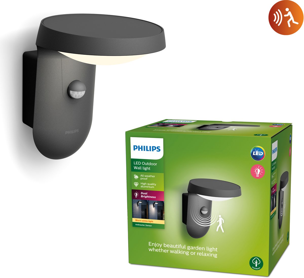 Philips led philips tyla buitenwandlamp - antraciet - met sensor - 9 w