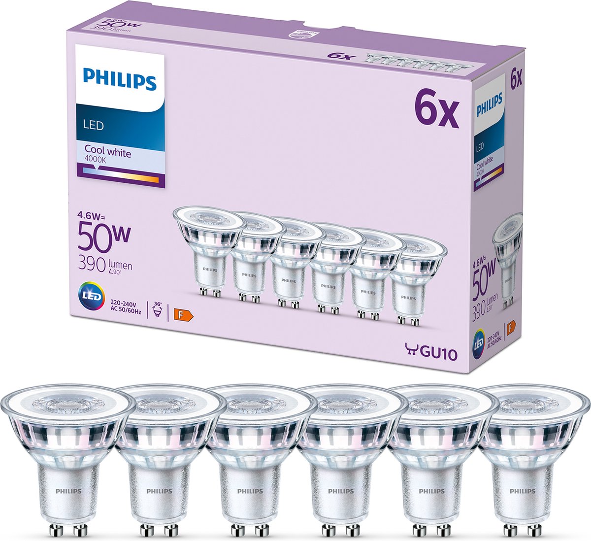 Philips led spot - 50 w - gu10 - koelwit licht - 6 stuks