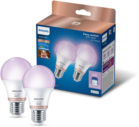 Philips led philips smart lighting - led-lamp - e27 fitting - rgb - gekleurd en instelbaar wit licht - dimbaar - 2 pack - 60w - standaard lampvorm: a60 - wifi