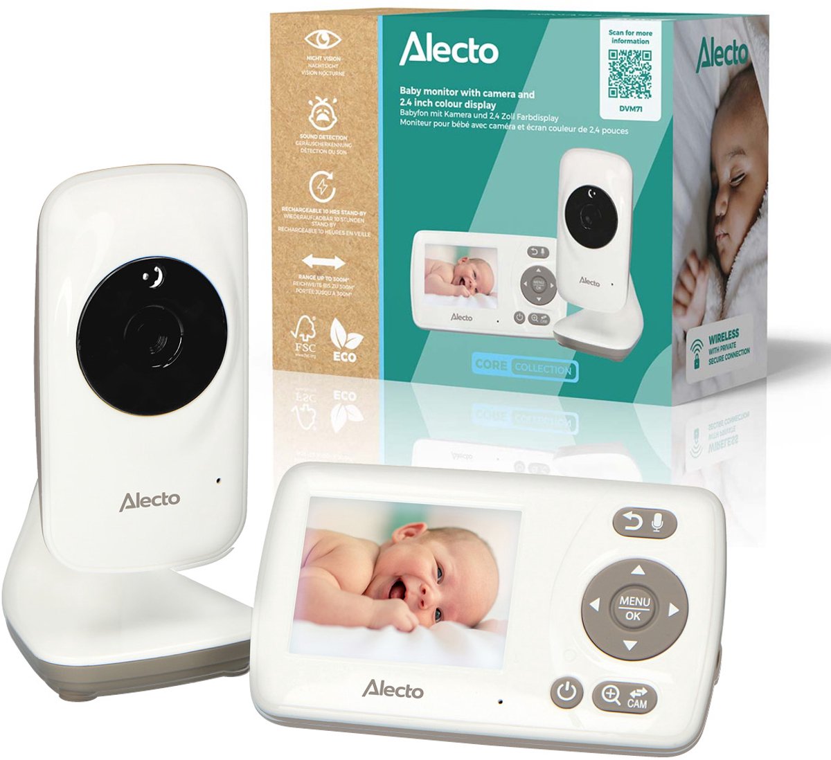 Alecto babyfoon met camera - dvm71 - nieuwe versie - nachtzicht - energiebesparend en uitbreidbaar - wit