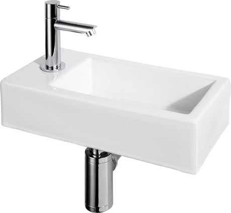 Differnz helios fonteinset – wasbak keramiek 37,5x18.5x9,5cm– fonteinset toilet met fonteinkraan links chroom – wastafel met rechte kraan en standaard greep – voor badkamer of wc