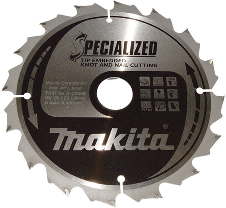 Makita cirkelzaagblad voor hout | specialized | ø 190mm asgat 30mm 16t - b-33059