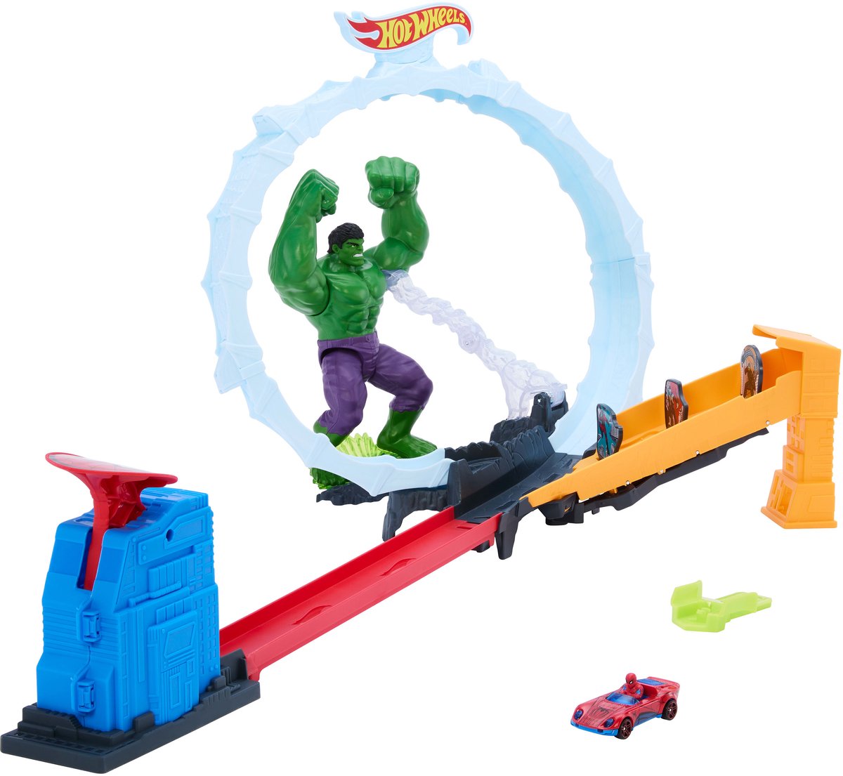 Hot wheels superstar speeders spider-man en hulk vermorzelen - baanset met 1 metalen spider-man voertuig