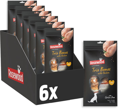 Rosewood trio bones hondensnack kip - kauwbotten runderhuid voor grote honden - graanvrij - 6 x 90 g