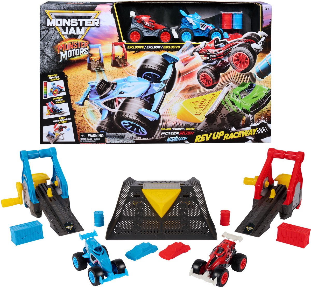 Monster jam - monster motors rev up raceway speelset met 2 exclusieve monster trucks megalodon en power rush - vanaf 3 jaar