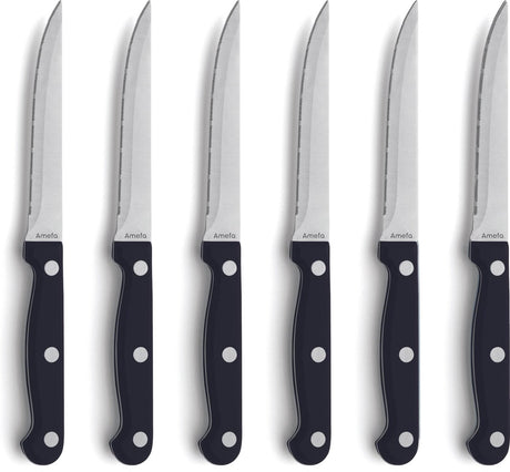 Amefa 6-delige steak- pizzamessenset serie 7025 – vlijmscherp – micro-serration – 13 0 messenstaal – zwart handvat – cadeauverpakking