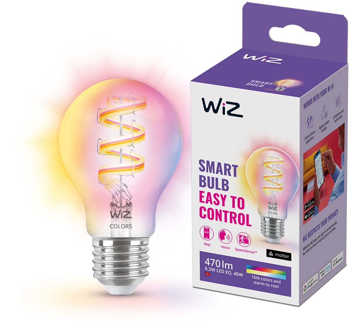 Wiz filament lamp - gekleurd en wit licht - slimme led verlichting - e27 fitting - 40w - transparant - wi-fi