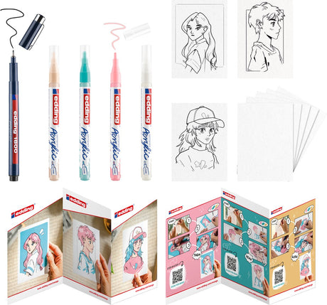 Edding manga-pennen creatieve set – 5300 acrylmarkers en 1800 fineliners – set van 5 – incl. handleiding en accessoires – manga tekenen en inkleuren voor beginners en professionals