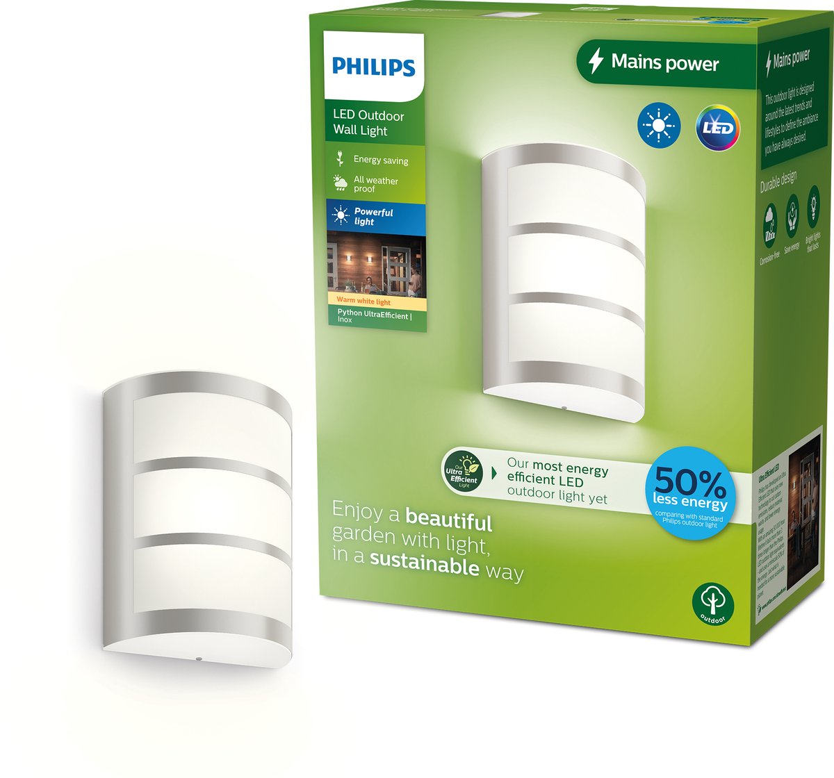 Philips led philips python wandlamp - ultra efficient - rvs - 3,8w