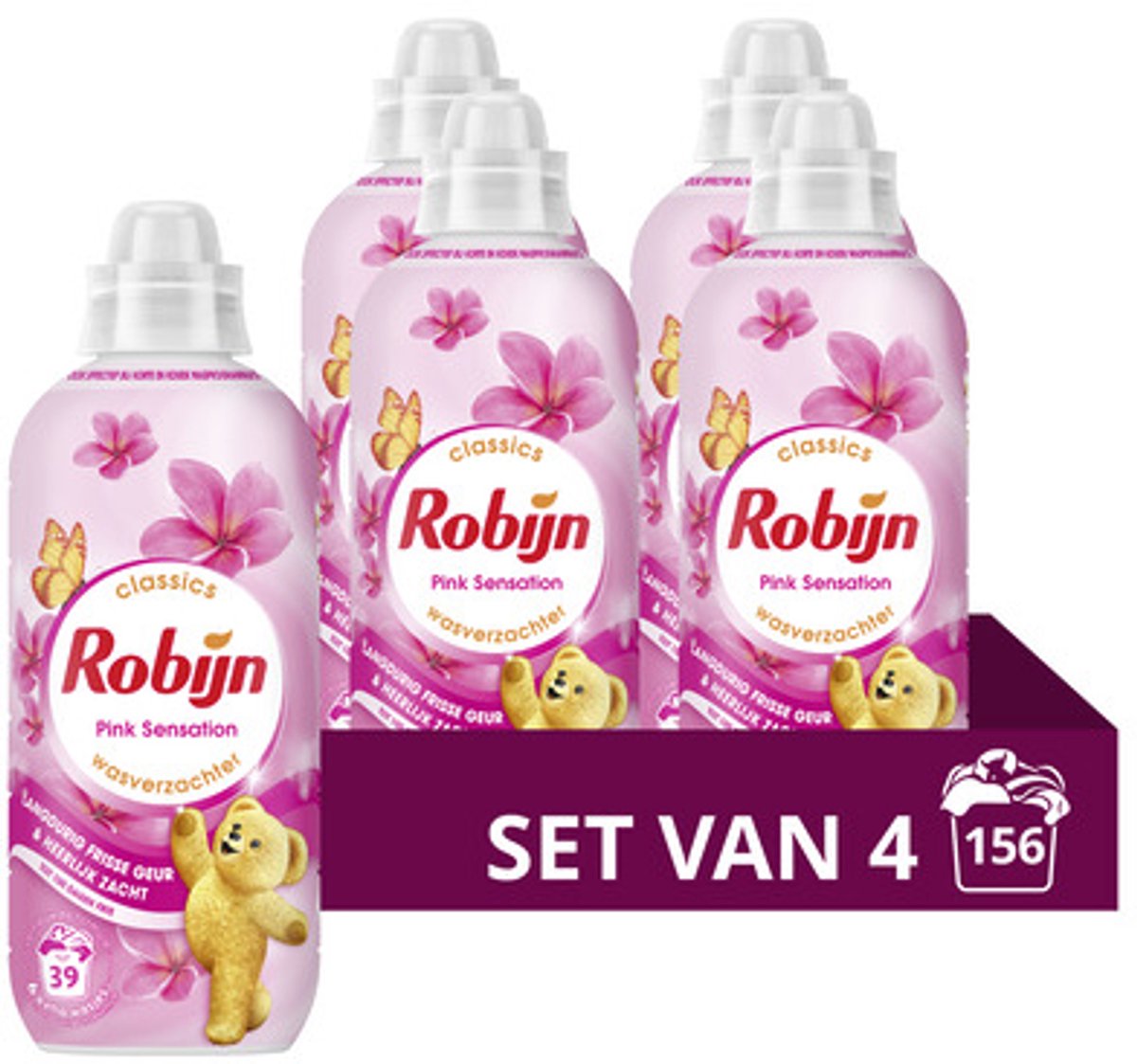 Robijn - wasverzachter - pink sensation - 4 flessen - 156 wasbeurten - voordeelverpakking