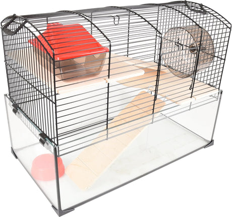 Flamingo hamsterkooi – vitru 1 – hamsterkooi met glazen bodem – complete kooi met looprad, platformen en accessoires – zwart – 51,5x29x40 cm – europese kwaliteit