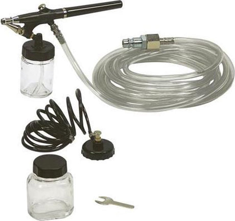 Stanley airbrush set voor compressor, 5-delig, 15 l min 3 bar met airbrush pistool slang, spiraalslang, 2 reservoirs en multifunctionele sleutel, voor modelbouw make-up meubels auto