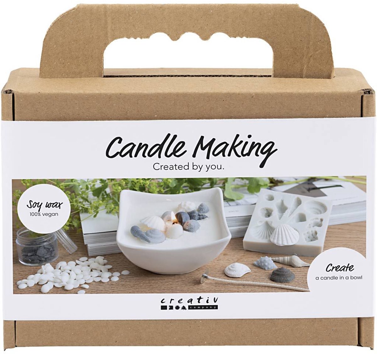 Creativ company hobbyset kaarsen maken schelpen grijs off-white diy.