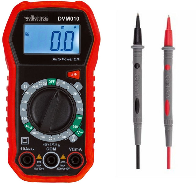 Velleman digitale multimeter, geschikt voor het meten van ac dc-stroom, ac dc-spanning, weerstand, transistor, diodes en continuïteit, inclusief meetsnoeren