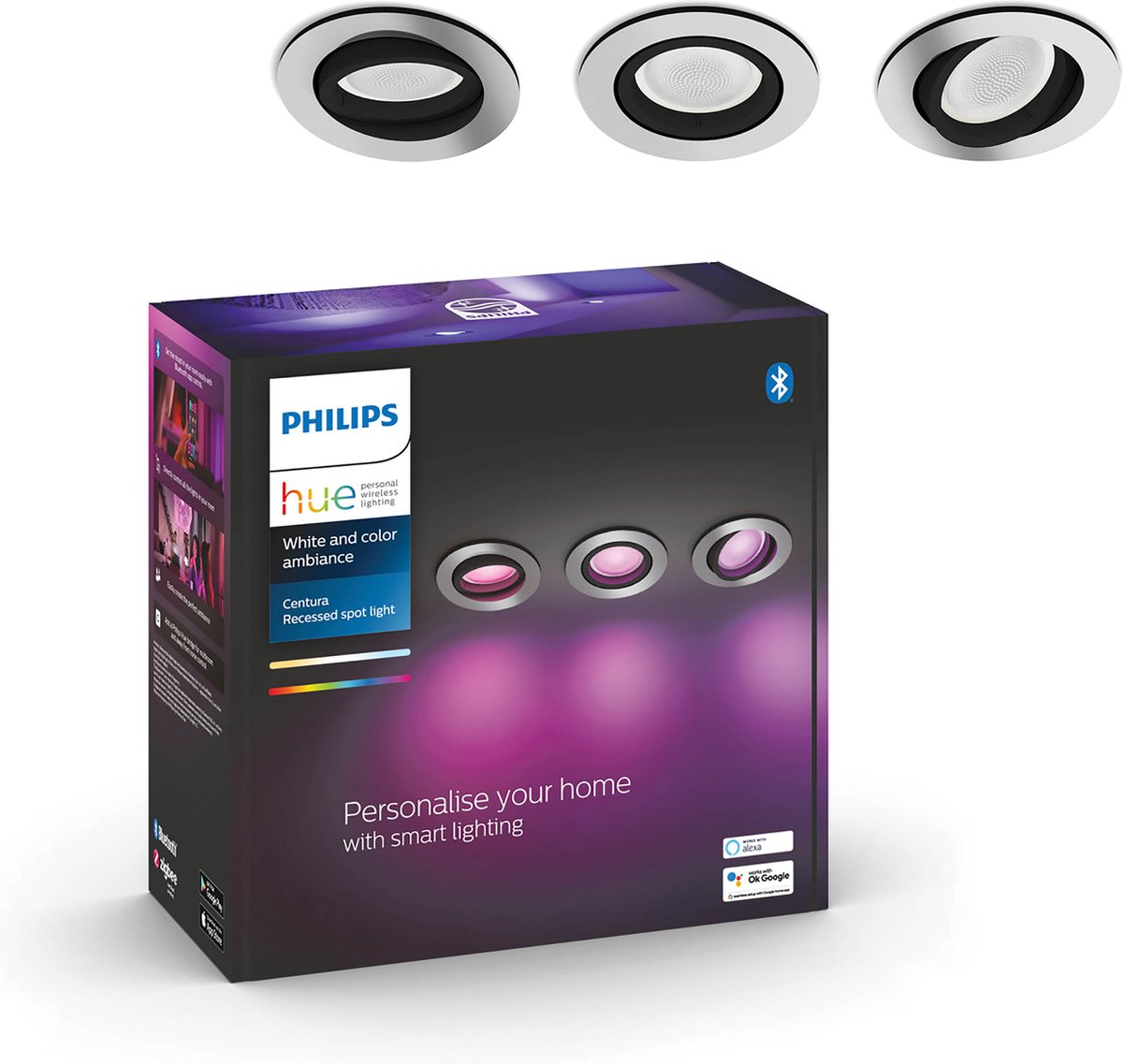 Philips hue centura inbouwspot - wit en gekleurd licht- 3-pack - aluminium - rond - gu10