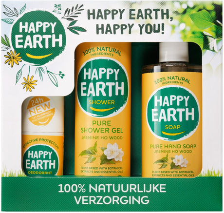Happy earth cadeauset jasmine ho wood - deodorant 75 ml, douchegel 300 ml handzeep 300 ml - 100% natuurlijk - geschenkset