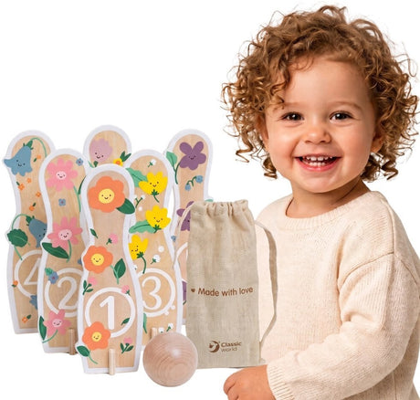 Classic world houten bowlingset bloemen, 14dlg,.