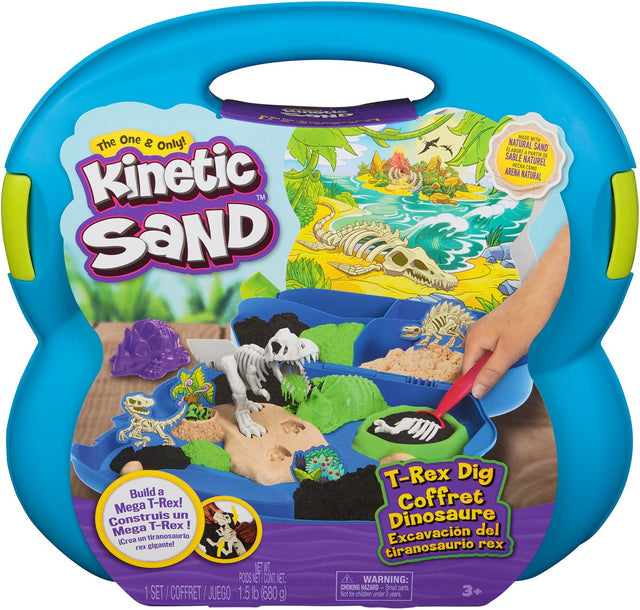 Kinetic sand - t-rex ontdekkingsset met 680 g speelzand, 5 multifunctionele fossielvormen en schep - in opbergdoos - sensorisch speelgoed - origineel