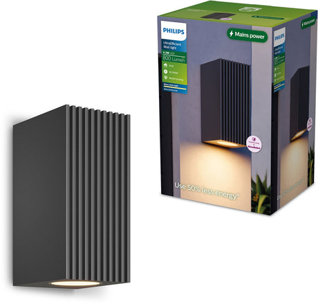 Philips voro ultraefficient wandlamp - buitenlamp - warmwit licht: 2700k - weerbestendig: ip44 - antraciet - 4.3w - rechthoekig