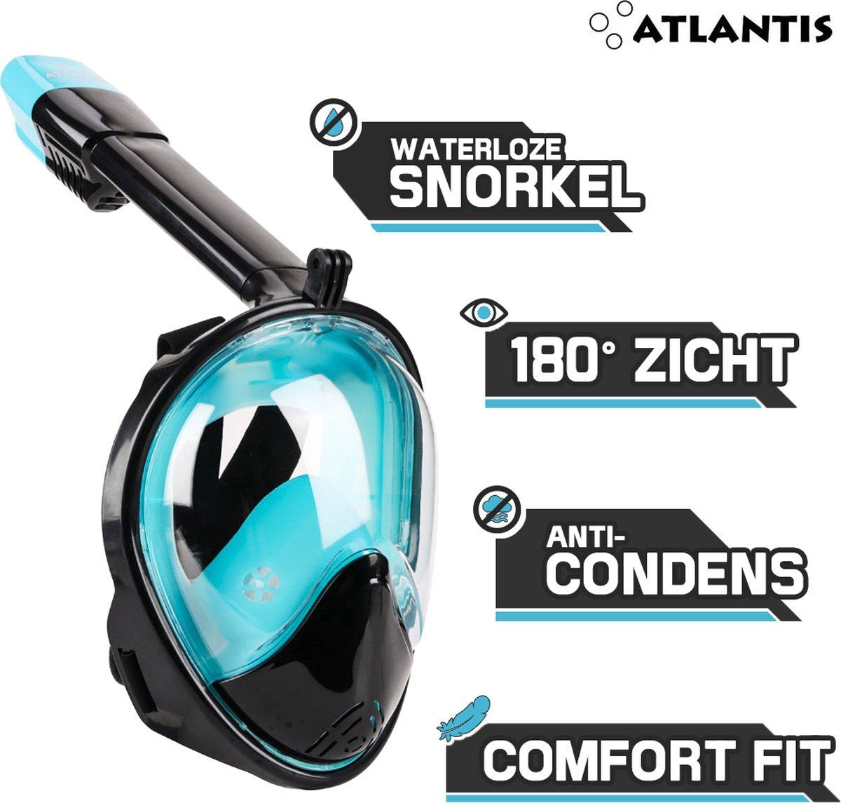 Atlantis snorkelmasker 2.0 - duikbril - snorkel - snorkelset - full face masker - volwassenen - zwart turquoise - l xl