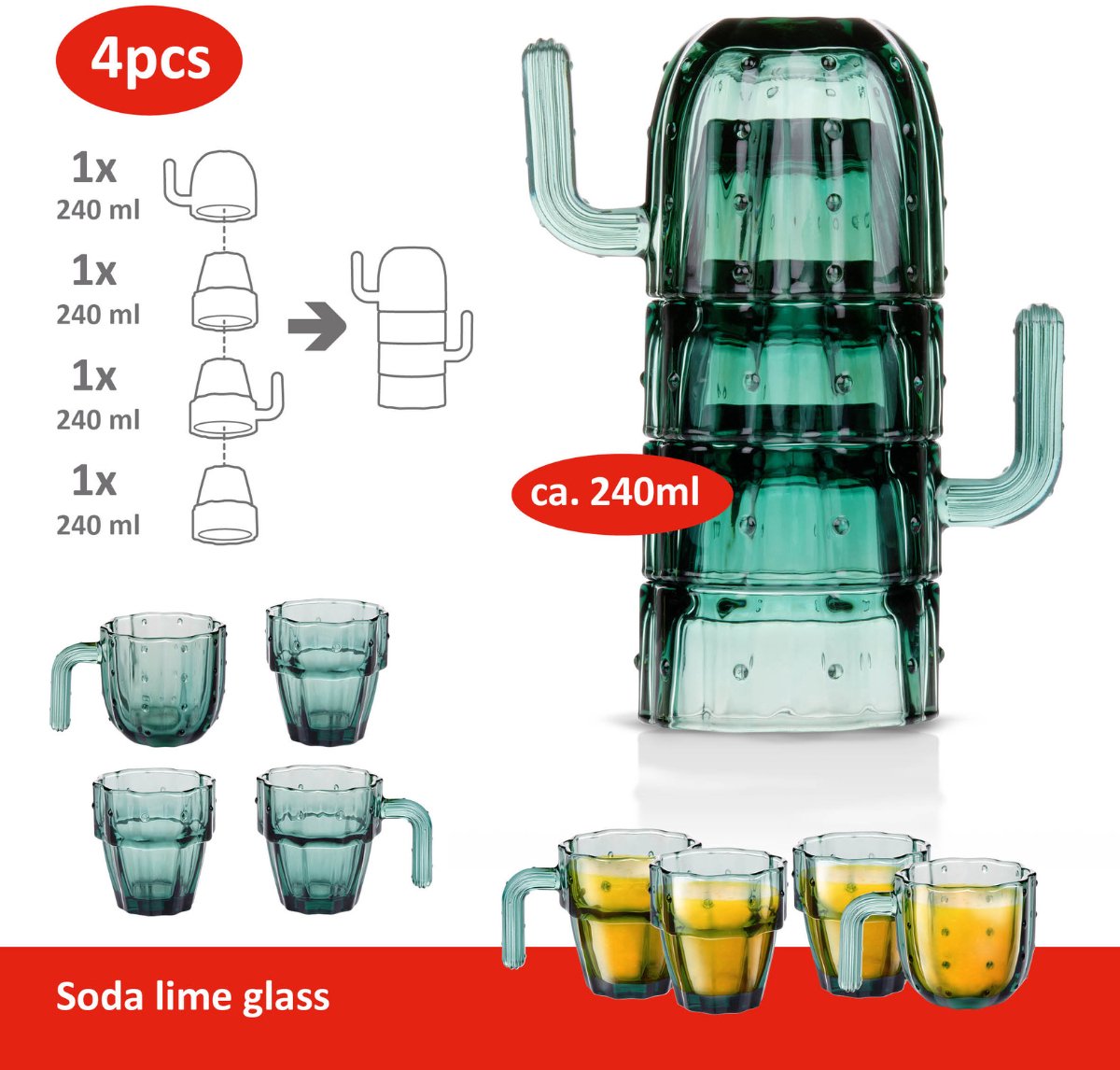 Alpina cactusvormige drinkglazen - stapelbaar - 240 ml - set van 4 - groen