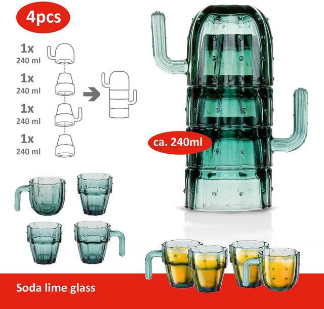Alpina cactusvormige drinkglazen - stapelbaar - 240 ml - set van 4 - groen