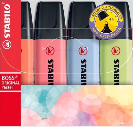 Stabilo boss original pastel - markeerstift - markeren met pastelkleuren - etui met 4 kleuren