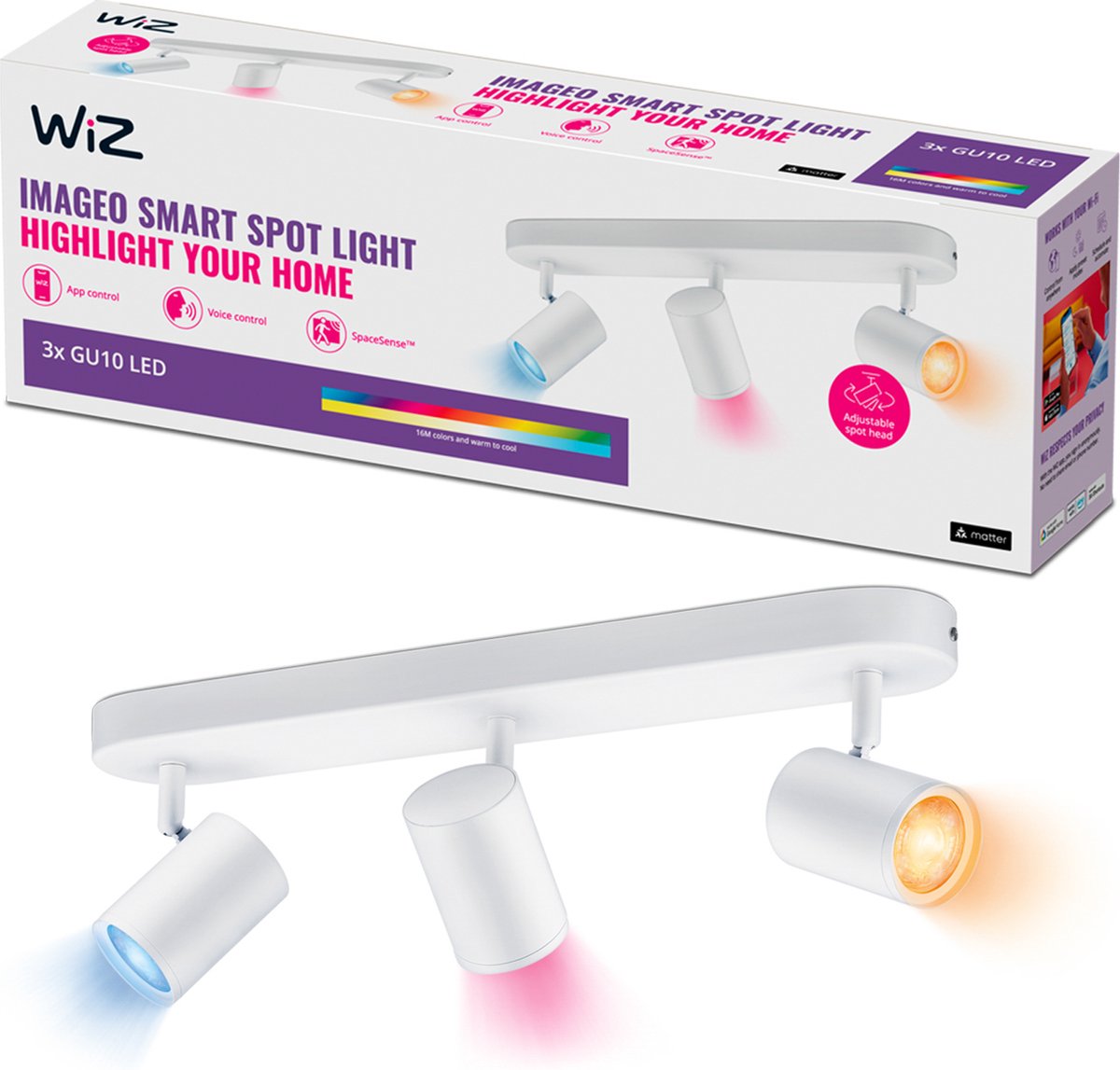 Wiz plafondlamp imageo - opbouwspot - 3 spots - gekleurd en wit licht - slimme led verlichting - gu10 fitting - 3x 5w - wit - wi-fi