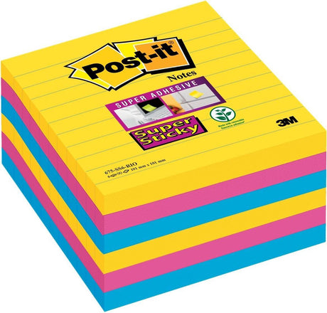 Post-it ® super sticky notes, kleurenset rio, canary yellow™, mediterraan blauw, fuchsia, gelijnd , 101mm x 101mm, 90 blaadjes, 6 blokken