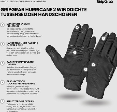 Gripgrab - hurricane 2 winddichte lente herfst fietshandschoenen lange vinger met padding - zwart - unisex - maat xxl