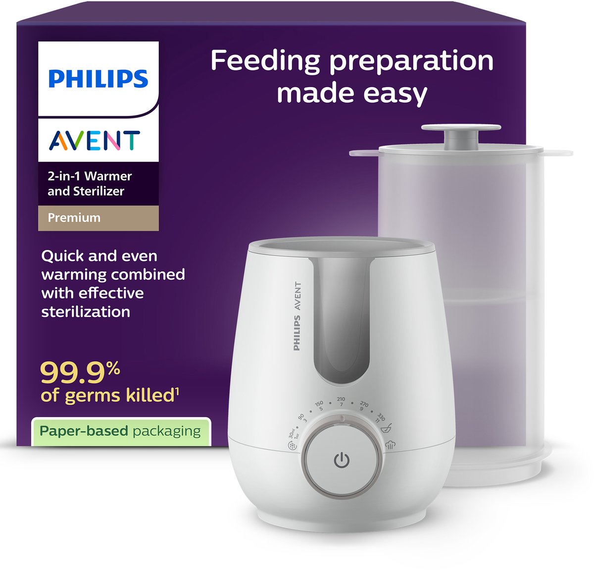 Philips avent 2-in-1 flessenwarmer sterilisator – snelle en veilige opwarming – 260 ml - scf359 00