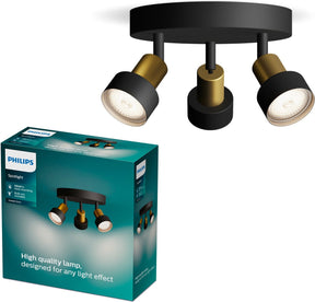 Philips conduit spot - plafondspot met drie lichtpunten - zwart met goud design - gu10 led fitting - ronde basisplaat